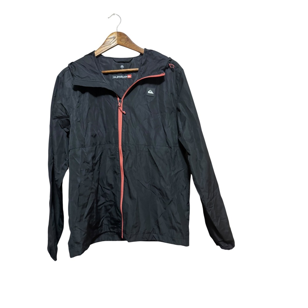 Quiksilver Windbreaker Jacket Mens Size M Black Orange Zip Hooded Excellent